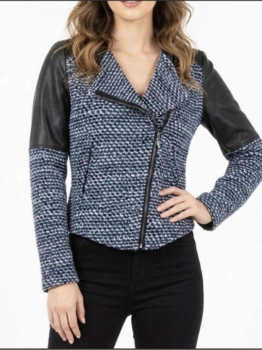 Zara Trafaluc Moto Jacket Tweed Faux Leather Blue Black XS Gorpcore